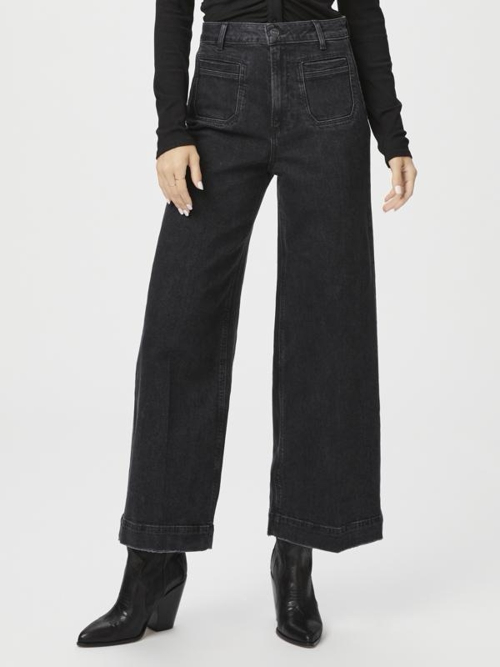 PAIGE Harper Ankle Wide Leg Jeans Washed Noir Black Distressed Size 27